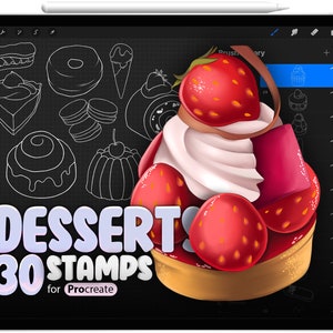 Könnte beinhalten: Eine digitale Illustration eines Dessert-Stempel-Sets für Procreate. Das Bild zeigt eine Erdbeertarte mit Schlagsahne und Schokoladenakzenten. Der Text "DESSERT STAMPS 30 for Procreate" ist auf dem Bild zu sehen.
