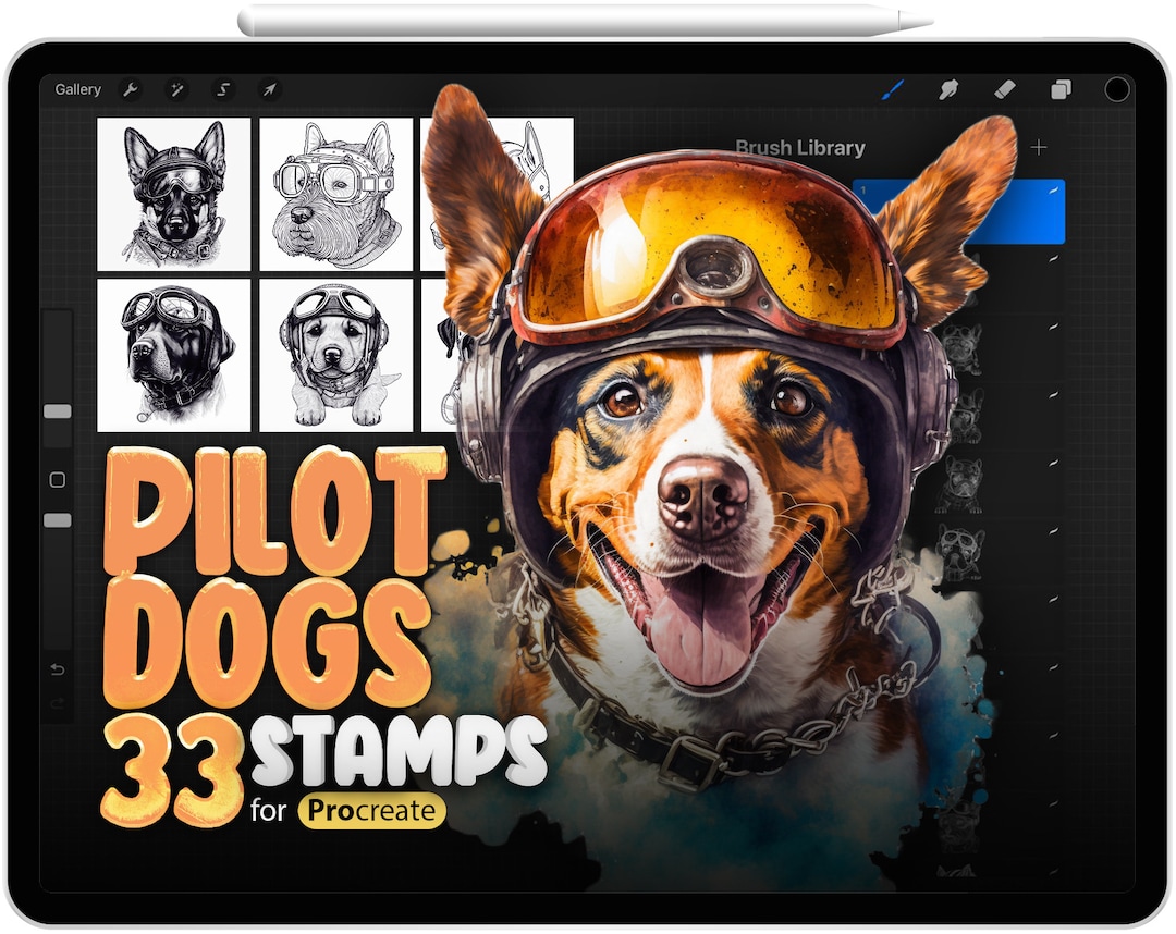 33 Procreate Pilot Dogs Stamp Brushes, Procreate Dogs in a Pilot's