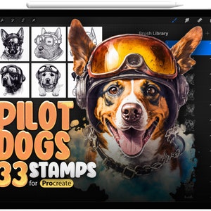 May include: A digital illustration of a dog wearing a pilot helmet and goggles. The dog is smiling and has a chain around its neck. The image is on a black background with the text "PILOT DOGS 33 STAMPS for Procreate" in orange.