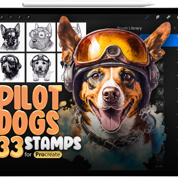 33 Procreate Pilot Dogs Stamp Brushes, Procreate Dogs in a pilot's helmet and glasses Sketches, Procreate Dog Brush