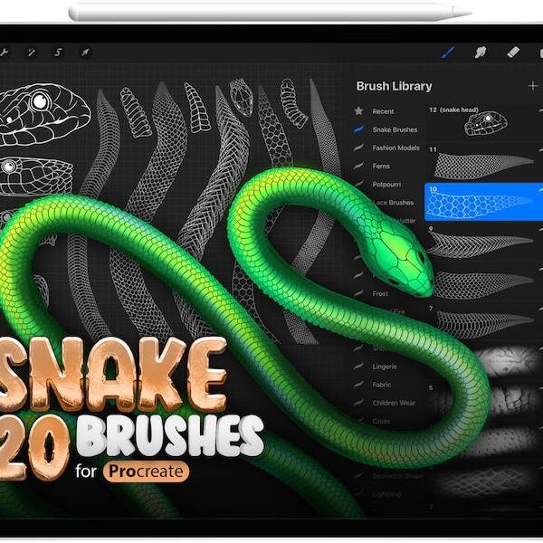 20 Procreate Snake Skin Brushes, Procreate Snake Stamps, Procreate Snake Textures, Procreate Snake Tails, Procreate Snake Head, Snake Pattern