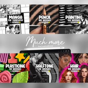 Puede incluir: Una colecci&oacute;n de pinceles y plantillas de arte digital para Procreate, que incluyen manga, l&aacute;piz, pintura, plastilina, medios tonos y estilos de cabello.