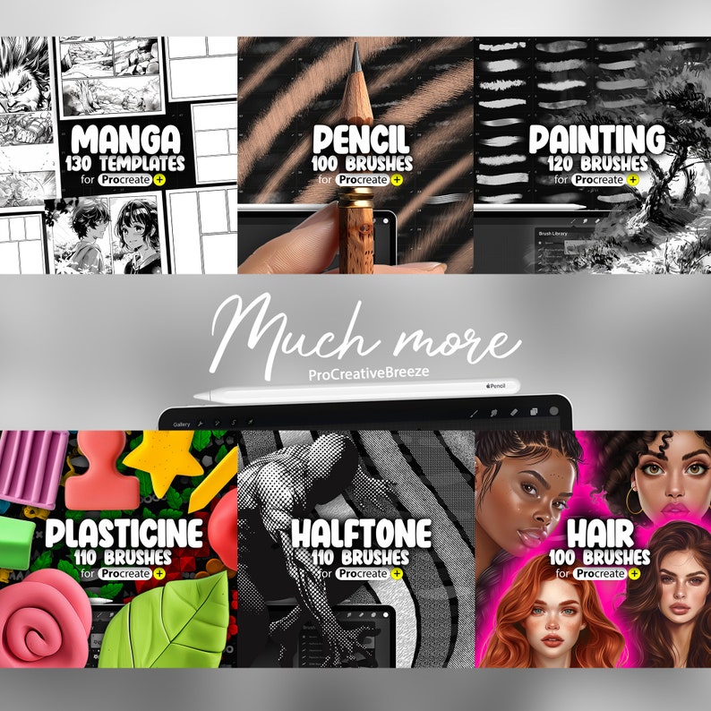 Puede incluir: Una colecci&oacute;n de pinceles y plantillas de arte digital para Procreate, que incluyen manga, l&aacute;piz, pintura, plastilina, medios tonos y estilos de cabello.