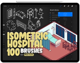 May include: A digital illustration of an isometric hospital room with a bed, chairs, and a window. The text "ISOMETRIC HOSPITAL 100 BRUSHES for Procreate" is displayed in yellow letters on a black background.