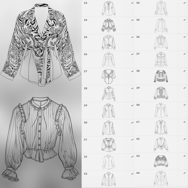 May include: A black and white line drawing of a blouse with a ruffled collar and long sleeves. The blouse has a button closure and a tie at the waist. The image includes a size chart with numbers 23 through 44.