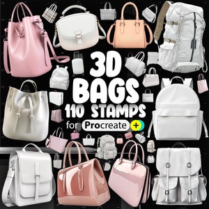 May include: A collection of 110 3D bag stamps for Procreate. The stamps feature a variety of styles, including totes, backpacks, and handbags in pink, white, and beige.