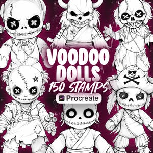 Może przedstawiać: Czarno-biała ilustracja lalek voodoo. Lalki mają zszyte cechy, oczy w kształcie krzyża i różne stroje. Tekst brzmi "VOODOO DOLLS 150 STAMPS" i "Procreate".