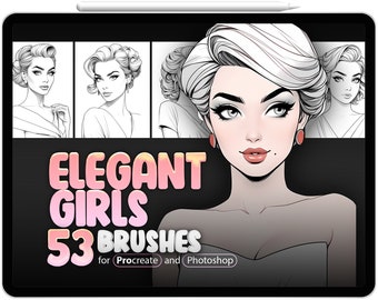 53 Elegant Classic Girls Procreate Brushes, 53 Elegant Classic Girls Photoshop Brushes, Retro Girl Face Procreate, Vintage Fashion Women