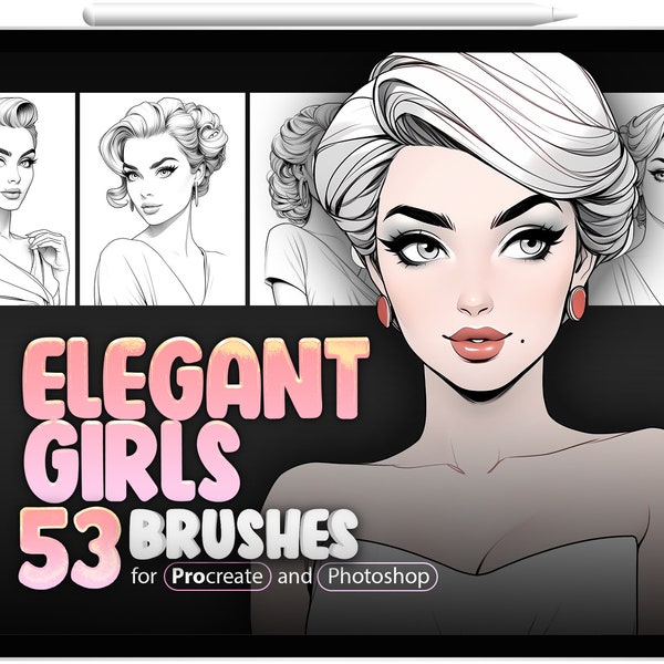 53 Elegant Classic Girls Procreate Brushes, 53 Elegant Classic Girls Photoshop Brushes, Retro Girl Face Procreate, Vintage Fashion Women