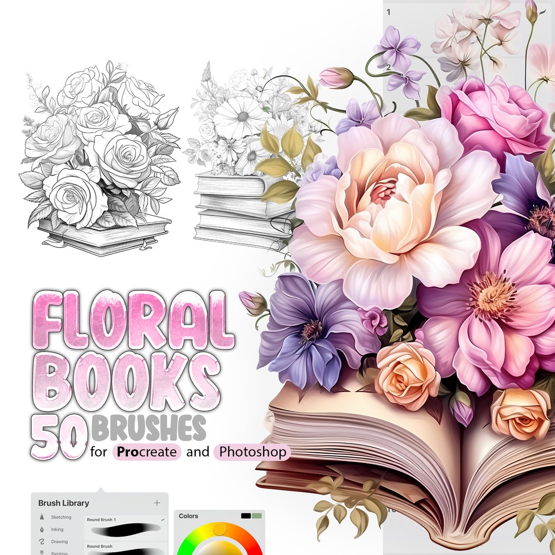 50 Floral Books Procreate Stamp Brushes, Book With Flowers Procreate ...