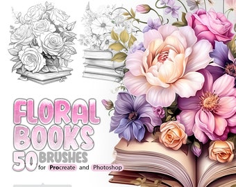 50 Blumen Bücher Procreate Stempel, Buch mit Blumen Procreate Pinsel, Vintage Bücher Procreate Stempel