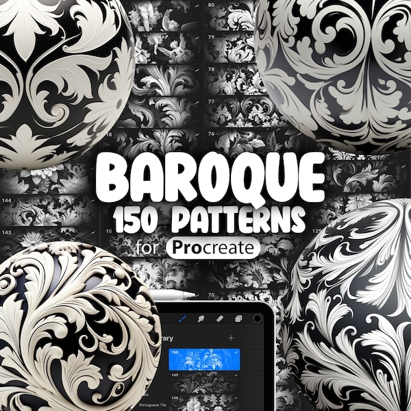 150 Procreate Baroque Patterns | Floral Baroque Procreate Texture Seamless Brushes | Procreate Baroque Tattoo Brushes