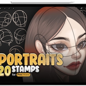 May include: A digital illustration of a woman's face with a gold text overlay that reads "PORTRAITS 20 STAMPS for Procreate". The illustration is on a black background with a grid pattern.