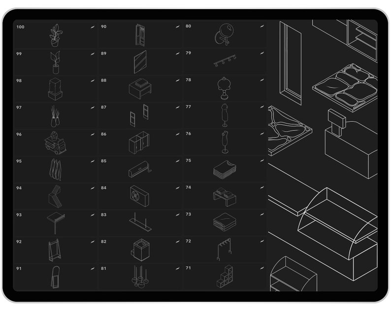 Puede incluir: Una tableta digital muestra una cuadr&iacute;cula de iconos dibujados con l&iacute;neas sobre un fondo negro. Los iconos representan varios objetos, incluyendo plantas, muebles y elementos decorativos, todos renderizados en un estilo minimalista.