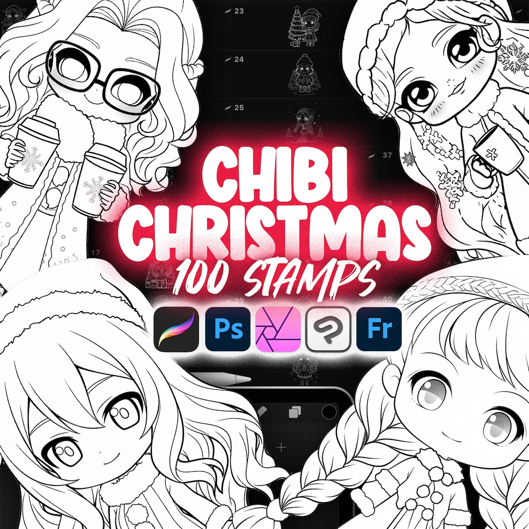 100 Procreate Chibi Christmas Girls Stamps | Procreate Chibi Characters ...