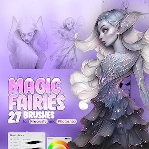 Könnte beinhalten: Ein Set mit 27 digitalen Pinseln für Procreate und Photoshop, die eine Fee mit Flügeln und einem fließenden Kleid zeigen. Die Pinsel wurden entwickelt, um magische Feenillustrationen zu erstellen.
