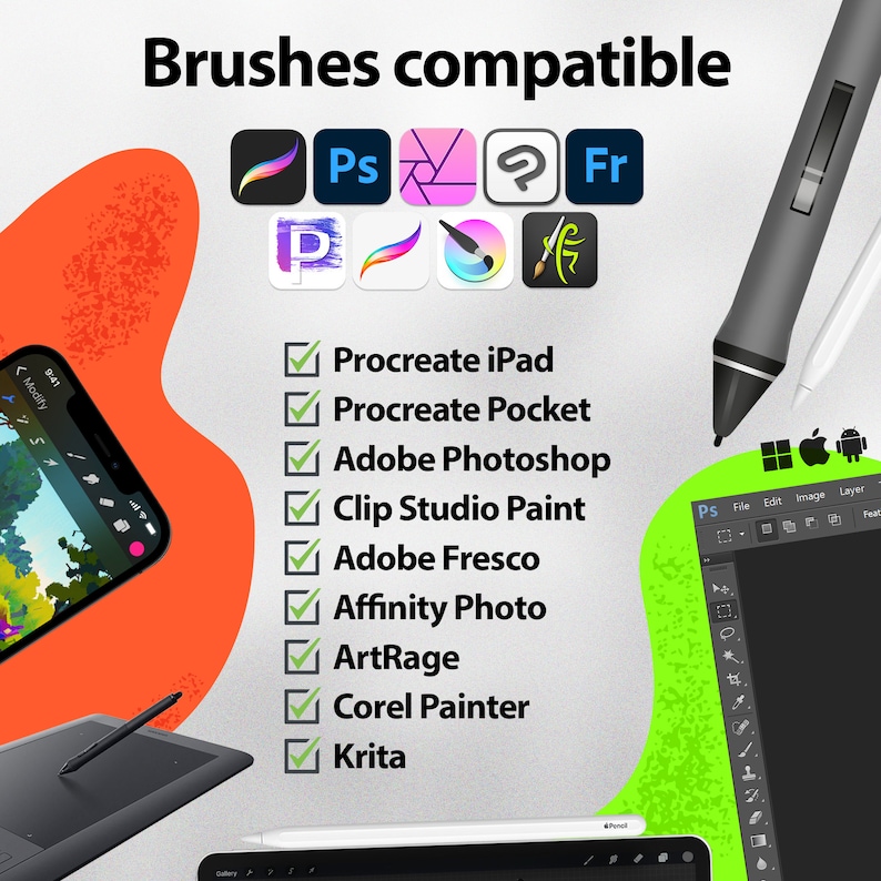 May include: A list of digital art apps compatible with brushes, including Procreate iPad, Procreate Pocket, Adobe Photoshop, Clip Studio Paint, Adobe Fresco, Affinity Photo, ArtRage, Corel Painter, and Krita. The image also shows a digital drawing tablet and a stylus.