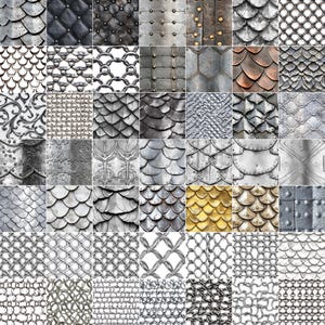 May include: A collage of 49 different metal textures, including chainmail, scales, and studs. The textures are arranged in a grid pattern and are all in shades of silver, gold, and copper.