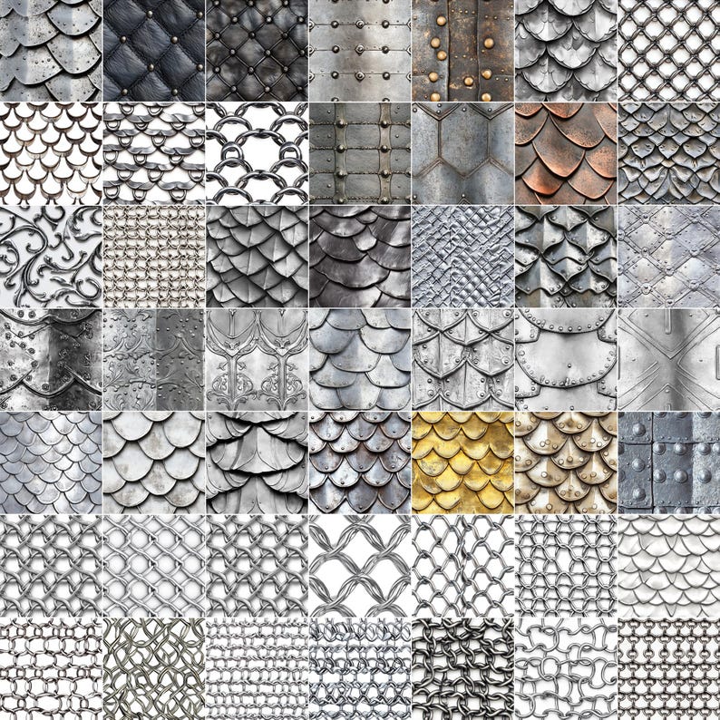 May include: A collage of 49 different metal textures, including chainmail, scales, and studs. The textures are arranged in a grid pattern and are all in shades of silver, gold, and copper.