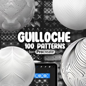 May include: Digital art product showcasing white spheres with detailed guilloche patterns. The image includes the text "GUILLOCHE 100 PATTERNS for Procreate" and a tablet with a stylus, highlighting digital art tools and design elements.