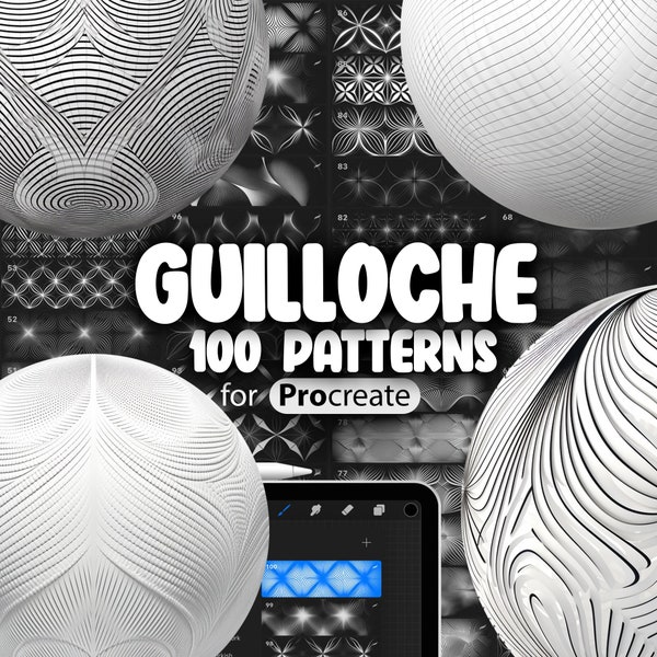 100 Procreate Guilloche-Muster | Guilloche Procreate Nahtlose Texturbürsten | Verwickelter Line Art Procreate Pinsel | Muster-Zeichnung