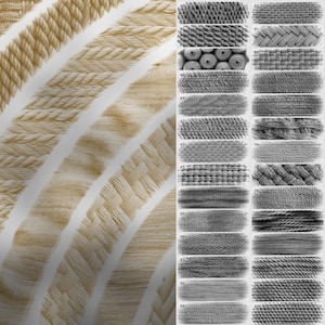 May include: A collection of 18 different woven fabric textures in both color and grayscale. The fabrics are arranged in rows and include a variety of weaves, including plain weave, twill weave, and satin weave.
