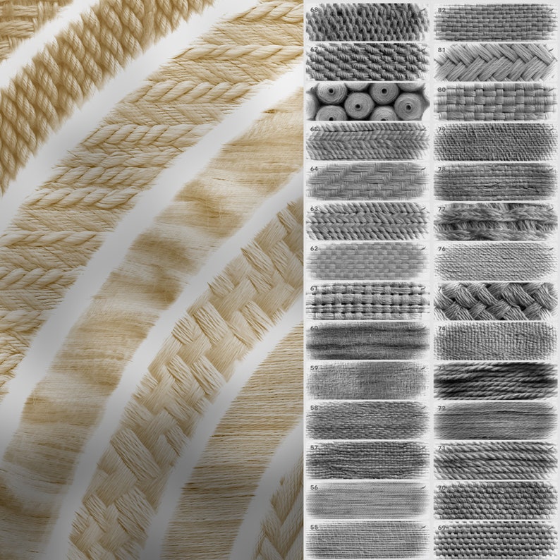 May include: A collection of 18 different woven fabric textures in both color and grayscale. The fabrics are arranged in rows and include a variety of weaves, including plain weave, twill weave, and satin weave.
