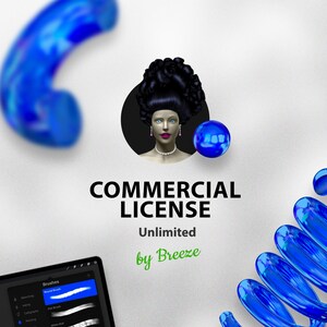 Könnte beinhalten: Eine digitale Illustration einer Frau mit dunklen Haaren und einer Perlenkette. Der Text "COMMERCIAL LICENSE Unlimited by Breeze" wird unter dem Bild angezeigt. Das Bild ist von blauen, 3D-abstrakten Formen umgeben.
