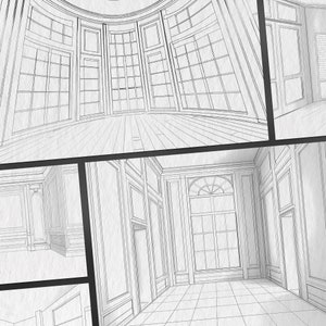 May include: A black and white line drawing of a room with large windows and a high ceiling. The drawing is in a comic book style with multiple panels.