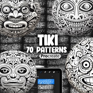 70 Procreate Tiki Patterns | Little Tiki Creatures Procreate Texture Seamless Brushes | Tiki Tattoo Procreate Brush