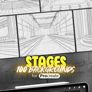 May include: A set of 100 black and white stage backgrounds for Procreate. The backgrounds feature different stage designs, including a runway, a theater stage, and a concert stage.