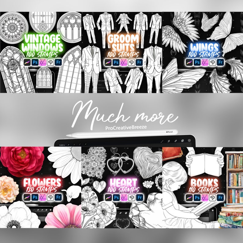 May include: A digital illustration of various graphic design elements, including vintage windows, groom suits, wings, flowers, hearts, and books. Each element is outlined in black and white and labelled with the number of stamps included in each set.