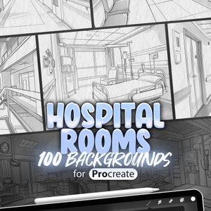 May include: A set of 100 black and white hospital room backgrounds for Procreate. The backgrounds feature different hospital room layouts, including a hospital bed, medical equipment, and a hallway.
