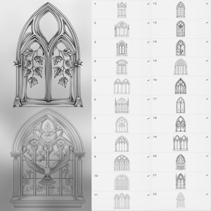 May include: A set of 22 black and white illustrations of different gothic style windows. The windows are drawn in a detailed and intricate style, with various shapes and patterns.