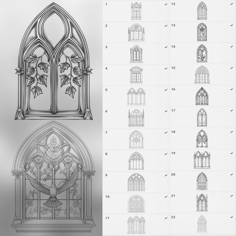 May include: A set of 22 black and white illustrations of different gothic style windows. The windows are drawn in a detailed and intricate style, with various shapes and patterns.