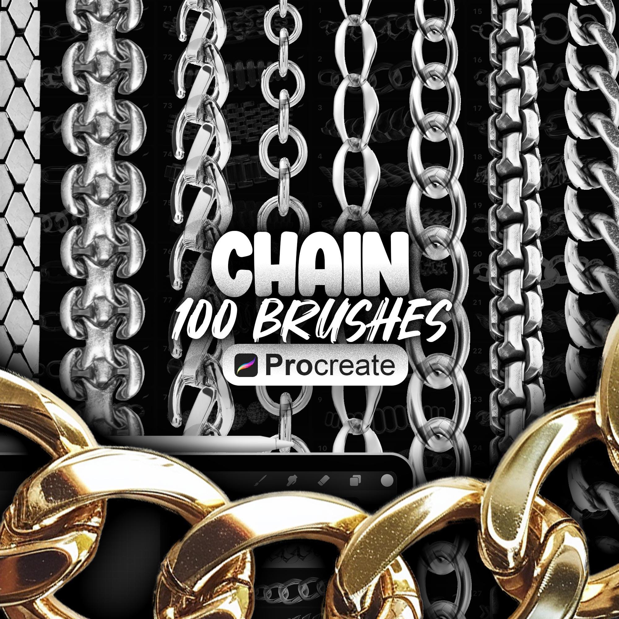 100 pinceles Procreate 3D Chain – Set de cadenas metálicas, joyería y collares