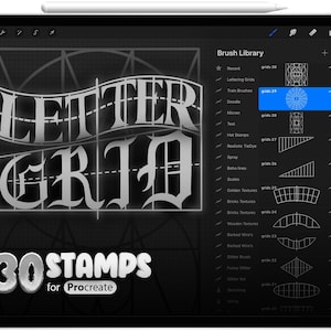 May include: A digital illustration of a black and white graphic design for a lettering grid. The text "LETTER GRID" is in a bold, stylized font. The image also includes the text "30 STAMPS for Procreate".