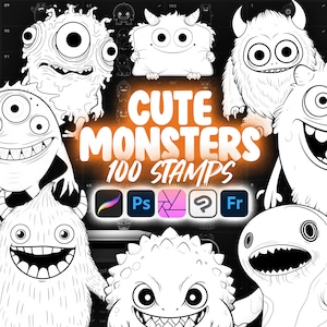 100 Procreate Monsters Stamp Brushes | Procreate Cute Monster | Procreate Flurry Fur Monster | Angry Monster
