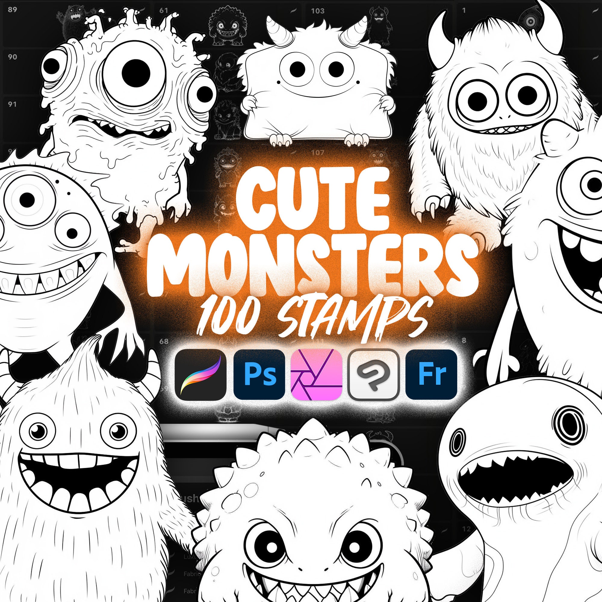 100 Procreate Monsters Stamp Brushes | Procreate Cute Monster ...