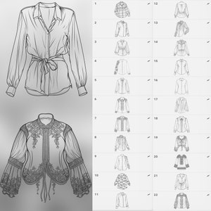 May include: A collection of 22 different blouse designs, featuring a variety of styles, patterns, and embellishments. The designs include a classic white button-down shirt, a plaid shirt, a floral shirt, and a lace shirt.