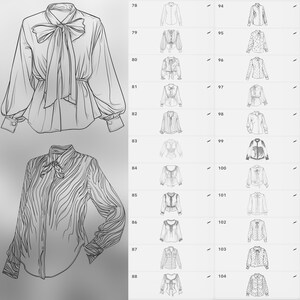 May include: A collection of 18 different blouse designs with various patterns and styles, including a bow tie, ruffles, and polka dots.