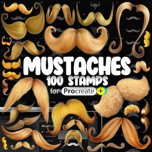 May include: A collection of 100 digital stamps featuring various styles of mustaches, designed for use with the Procreate app. The stamps are displayed on a black background with white numbers.