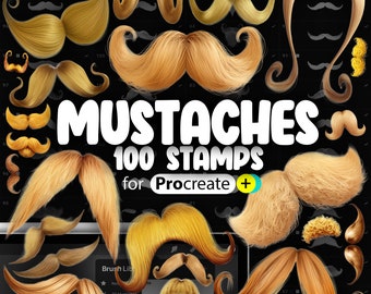 May include: A collection of 100 digital stamps featuring various styles of moustaches, designed for use with the Procreate app. The stamps are displayed on a black background with white numbers.