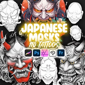 May include: A collection of Japanese masks with intricate details, perfect for tattoo inspiration. The masks are in black and white, with some red accents. The text "Japanese Masks 110 Tattoos" is displayed in the center of the image.