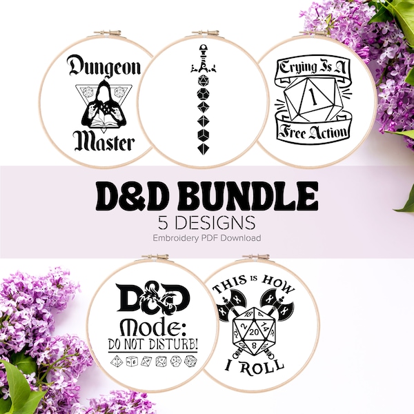 D&D Embroidery Bundle | DND Embroidery Pattern | Dungeons and Dragons Embroidery | Hand Embroidery | Printable PDF | Digital Download
