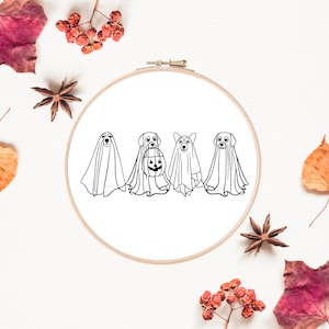 Halloween Cute Ghost Dogs Embroidery Pattern | Spooky Embroidery Design | Beginner Embroidery | Printable Instant Digital Download PDF
