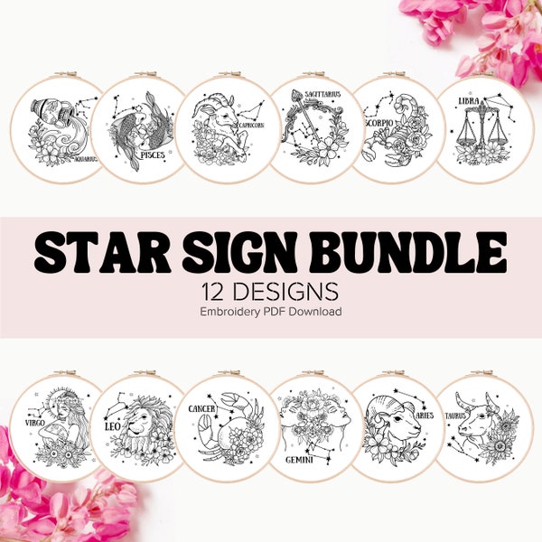 Zodiac Star Sign Embroidery Bundle | Celestial Embroidery Patterns | Beginner Embroidery |  Astrology Instant Digital Download PDF