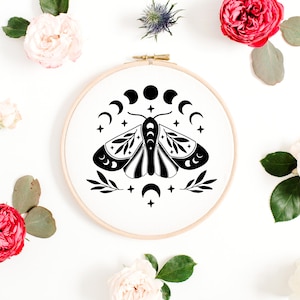 Moth Embroidery Pattern | Moon Embroidery Design | Celestial Embroidery Pattern | Hand Embroidery | Digital Embroidery Download PDF