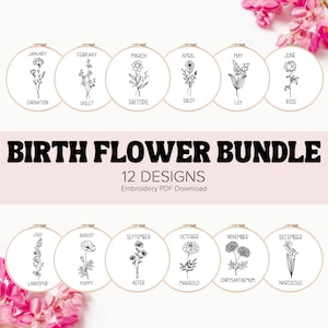 Birth Flower Embroidery Bundle | Floral Embroidery Pattern | Beginner Embroidery | Printable Embroidery | Instant Digital Download PDF