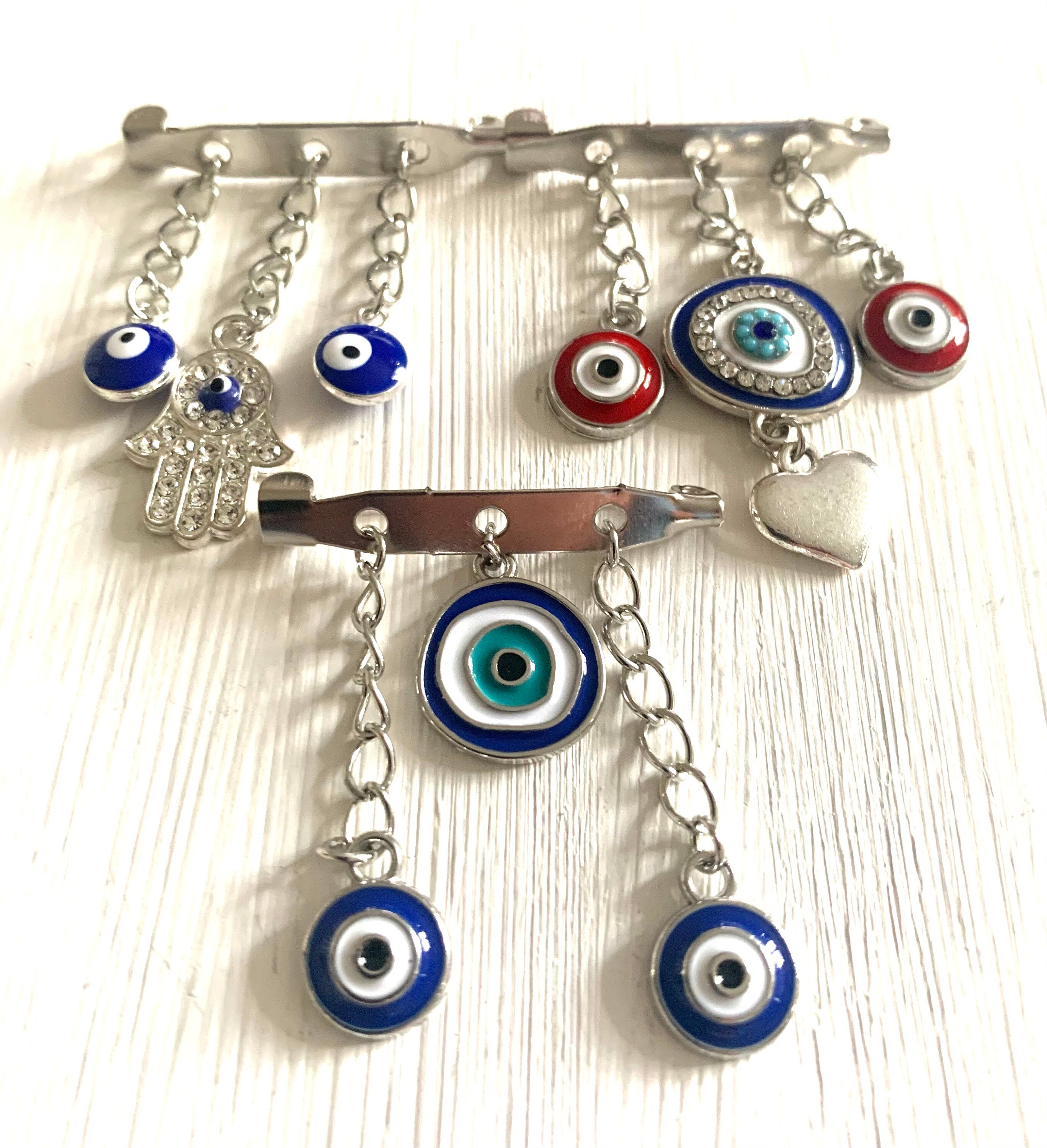 925 Sterling Silver Safety Greek Evil Eye Pin Jewelry. Silver Safety Pin  Brooch.one Hoop for Charms.protection & Good Luck Charm 